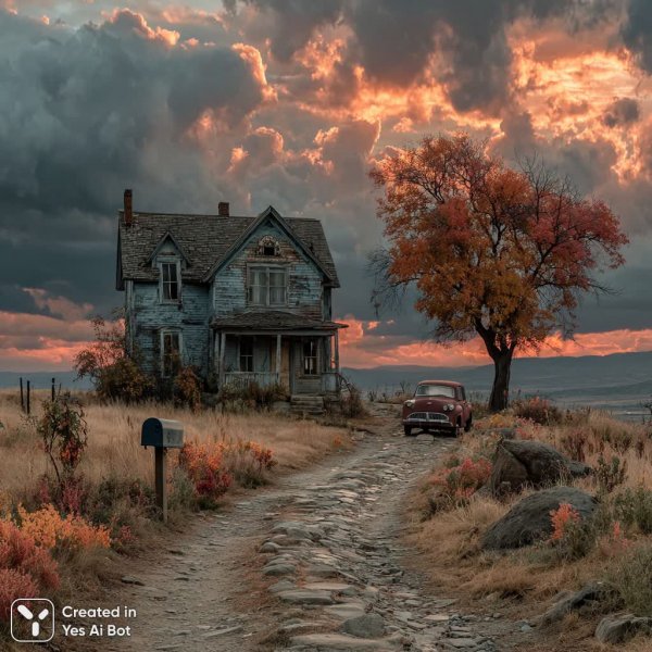 Заброшенный особняк: тайна старой усадьбы в сумрачном свете заката или рассвета. Изображение из нейронной сети Midjourney