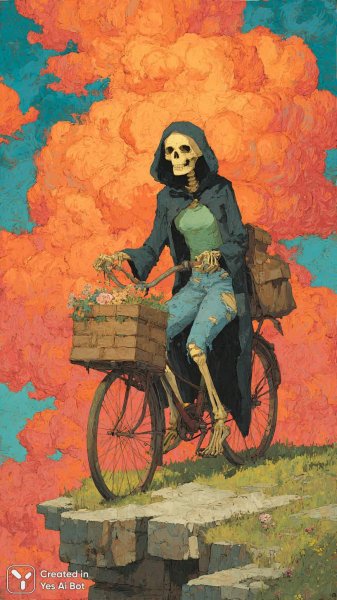 Смерть на велосипеде: пикник в сумеречном лесу. Картинка из нейронной сети Midjourney