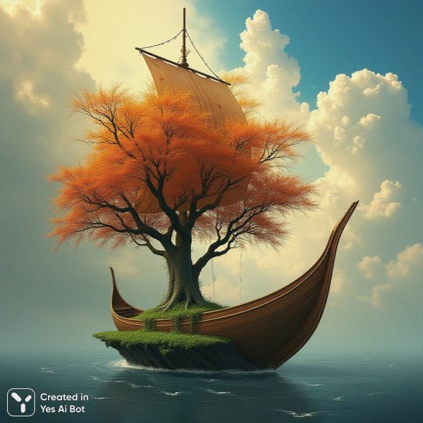Деревянный корабль в небесном шторме: фантастическое плавание среди облаков и огня. Нейронная сеть Flux Ai