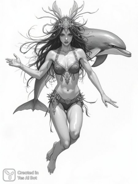 Загадочная девушка-нереида в танце с дельфином: фантастический эскиз. Генерация из нейронной сети Flux