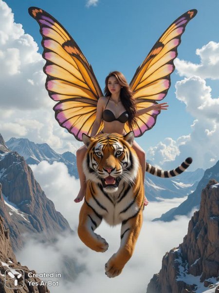 Невероятное приключение: девушка и крылатый тигр в небесах. Изображение из нейросети Flux 1