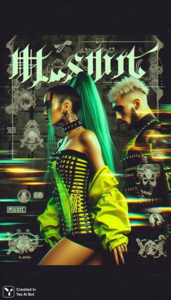 Яркий дуэт в неоновом глитче: фантазия, готика и футуристический стиль. Картинка из нейронной сети Dalle 3