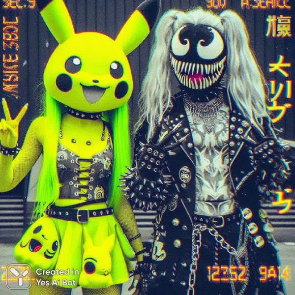 Фантастический дуэт: Пикачу и Ститч в неоновом глитче и готическом стиле. Изображение из нейронной сети Dalle