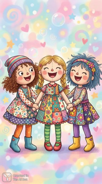 Веселые куклы в ярких нарядах: милый мультяшный мир и беззаботное веселье. Нейронная сеть Nano-Banana