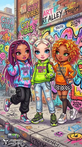 Модные куклы в уличной моде: яркая иллюстрация городской жизни и молодости. Картинка из нейросети Нано Банана