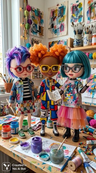 Яркие куклы в творческом хаосе арт-студии: современное искусство и стиль. Изображение из нейронной сети Nano-Banana