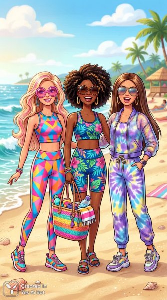 Летнее настроение: Барби на пляже в ярких образах и стильной спортивной одежде. Генерация из нейронной сети NanoBanana