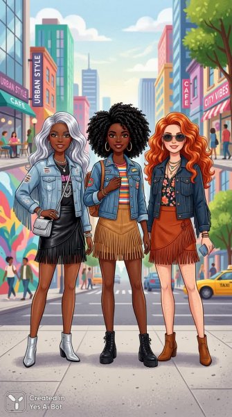 Барби в городе: этническое разнообразие и стильные образы с деним и бахромой. Изображение из нейросети Nano-Banana