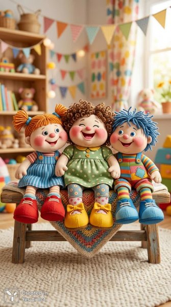 Весёлые куклы с большими щёками и лицами в ярком мультяшном стиле. Картинка из нейронной сети Nano-Banana