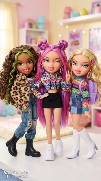 Яркие куклы Братц: стиль, детали и выразительные образы в красочном мульт-стиле. Картинка из нейронной сети NanoBanana