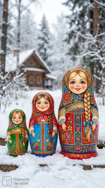 Русские куклы в зимнем пейзаже: яркие наряды и народный колорит. Изображение из нейросети Нано Банана