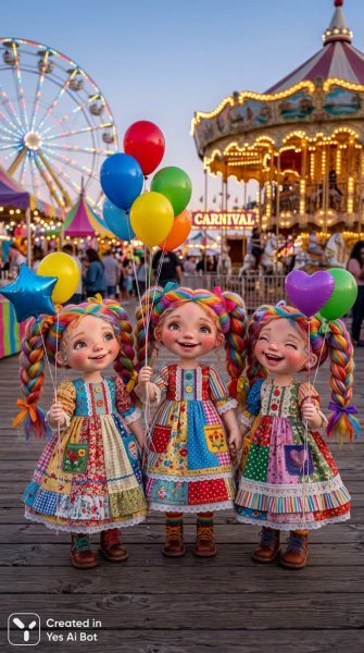 Веселые куклы с радужной гривой и яркими шарами в карнавальной атмосфере. Картинка из нейронной сети NanoBanana
