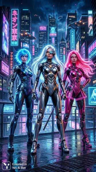 Футуристические куклы в неоновом городе: сияющие волосы и смелые узоры. Генерация из нейросети Нано Банана