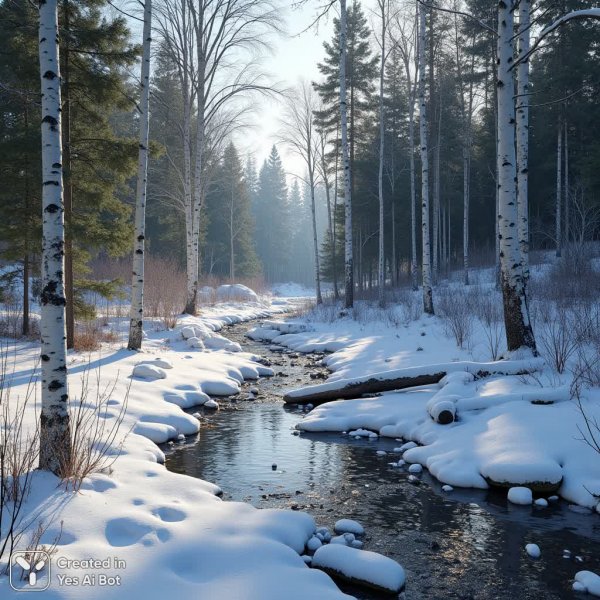 Зимняя сказка: спокойствие и красота заснеженного леса с ручейком. Нейросеть Flux 1