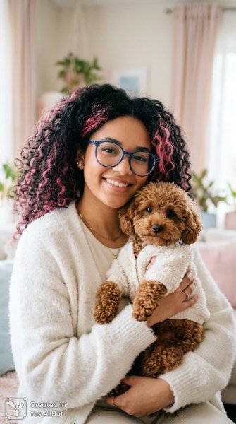 Девушка с собакой в уютной обстановке и мягком свете. Изображение из нейросети Nano-Banana