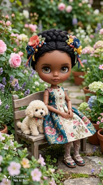 Изящная кукла в кружевном платье и цветочный фон. Нейросеть Nano Banana