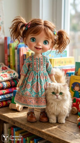 Милая девочка и пушистый кот в сказочном мире. Изображение из нейронной сети NanoBanana