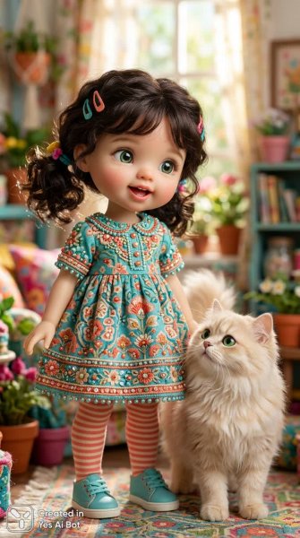 Милая девочка и пушистый котик в ярком стиле кукол. Изображение из нейронной сети Нано Банана