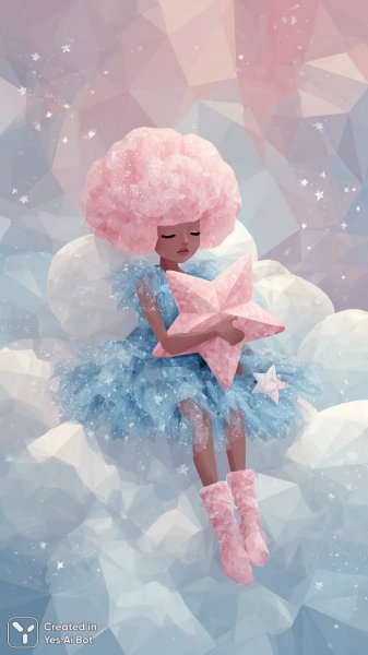 Девочка-кукла в звездном небе: сказочный сон на облаке. Картинка из нейросети Midjourney