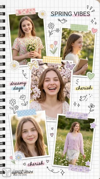 Нежная весенняя коллаж эстетика в пастельных тонах с девушкой и милыми деталями. Генерация из нейронной сети Nano Banana