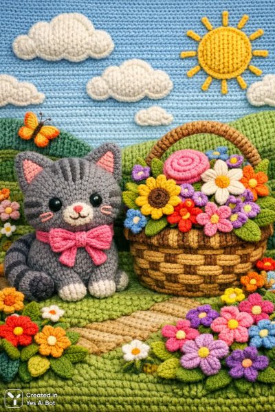 Уютный мир из пряжи: вязаная сцена с котиком и цветами. Изображение из нейронной сети Sora