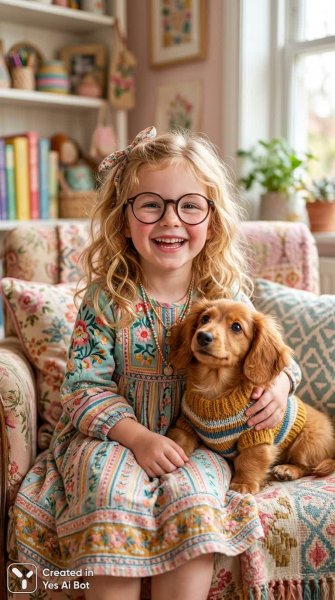 Девушка с щенком и ярким свитером в стиле кукол. Генерация из нейронной сети NanoBanana