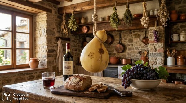 Итальянский качокавалло: сыр, вино и уютный итальянский стол. Нейросеть Nano Banana