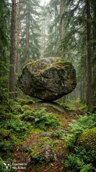 Чудо природы: валун Куммакиви в финском лесу. Изображение из нейросети Nano Banana