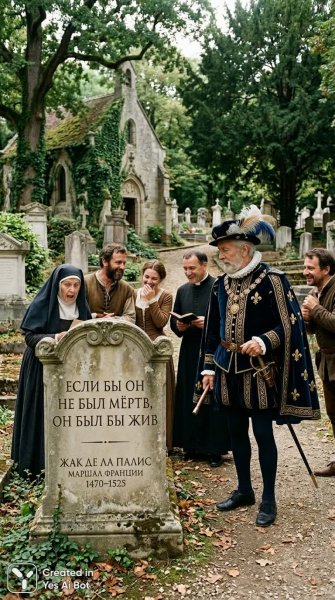Нелепая эпитафия: размышления французского маршала на старинном кладбище эпохи Возрождения. Картинка из нейросети Nano-Banana