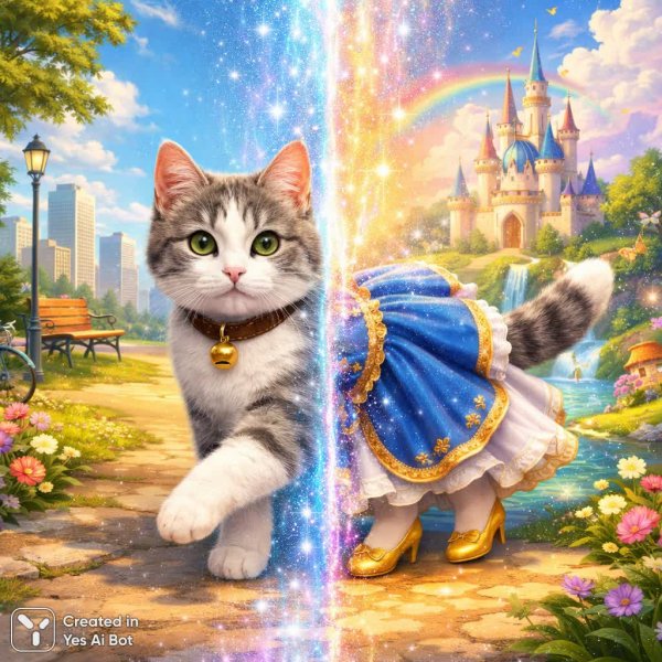 Две реальности: кошка-путешественница между мирами людей и волшебства. Изображение из нейронной сети Sora Ai Images