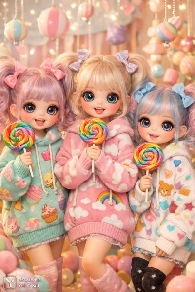 Милые куклы с большими глазами и пастелевыми прическами в игривом мультяшном стиле. Нейросеть Sora