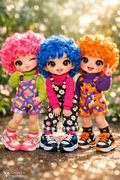 Яркие куклы в игривом саду: красочное настроение и стильные детали. Нейросеть Sora