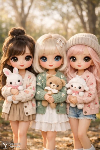 Милые куклы в уютных кардиганах и лесной сказке. Изображение из нейросети Sora