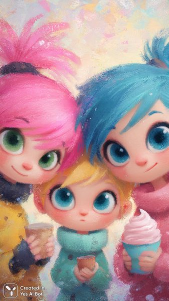 Милые куклы с яркими волосами и мороженым. Нейросеть Midjourney