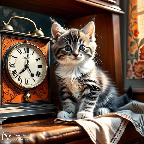 Пушистый котенок и ретро-предметы быта. Картинка из нейронной сети Stable Diffusion