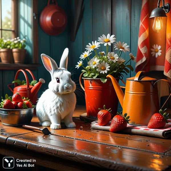 Зайчонок и ромашки: акварельный натюрморт в стиле гранж и сфумато. Изображение из нейросети Stable Diffusion