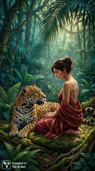 Встреча в джунглях: женщина и загадочный ягуар. Картинка из нейронной сети Nano-Banana