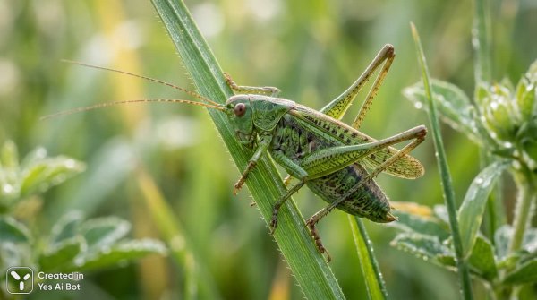 Изучение природы: макросъемка зеленого кузнечика на травинке с детализацией текстур и узоров. Нейронная сеть Нано Банана