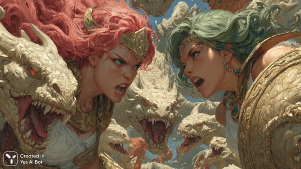 Битва воительниц против многоголовых драконов в эпическом фэнтези мире. Генерация из нейронной сети Миджорни