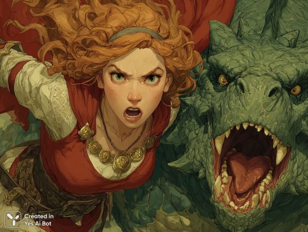 Битва воительницы с чудовищным крылатым созданием в фантастическом мире. Картинка из нейронной сети Миджорни