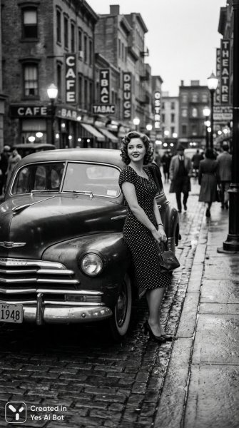 Ретро портрет девушки в горошек у старого автомобиля. Картинка из нейронной сети NanoBanana