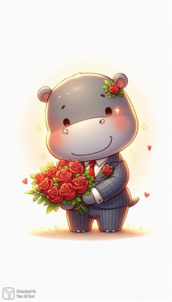 Бегемотик в галстуке: очаровательная иллюстрация с розами и солнечным светом. Нейронная сеть Dalle