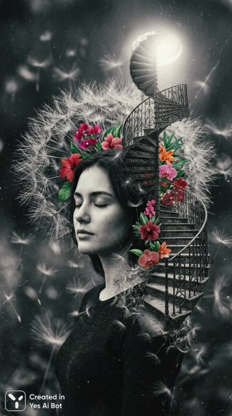 Нежная женщина в двойной экспозиции: мечты о восхождении и увядающей красоте. Картинка из нейросети Nano-Banana