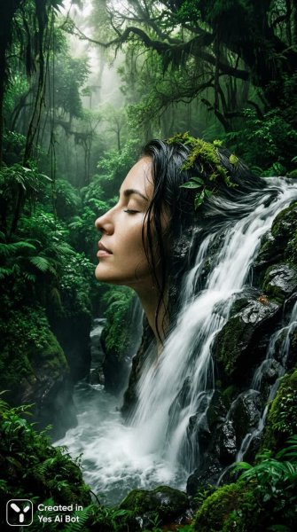 Таинство женского профиля в объятиях изумрудных водопадов джунглей. Изображение из нейросети Нано Банана