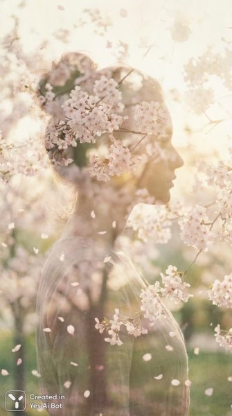 Весенняя нежность: женщина и цветущая сакура в двойной экспозиции. Картинка из нейросети Nano Banana