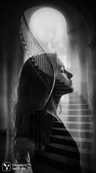 Элегантный силуэт на фоне винтовой лестницы в монохромной гамме. Изображение из нейронной сети Nano Banana
