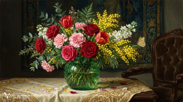 Букет в изумрудной вазе: нежность и великолепие классической композиции. Генерация из нейронной сети Nano-Banana