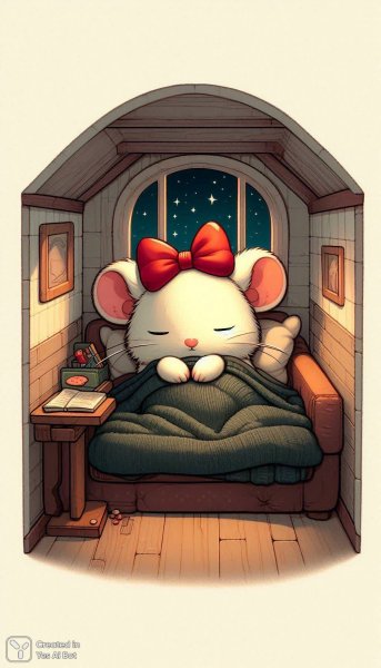 Милый крысенок спит в уютной комнате под звездным небом ночи: детализированная иллюстрация. Нейросеть Dalle-3