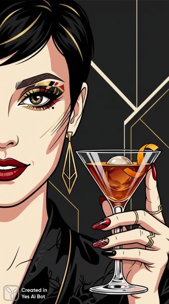 Элегантный портрет с коктейлем и графичными линиями. Картинка из нейросети Nano-Banana