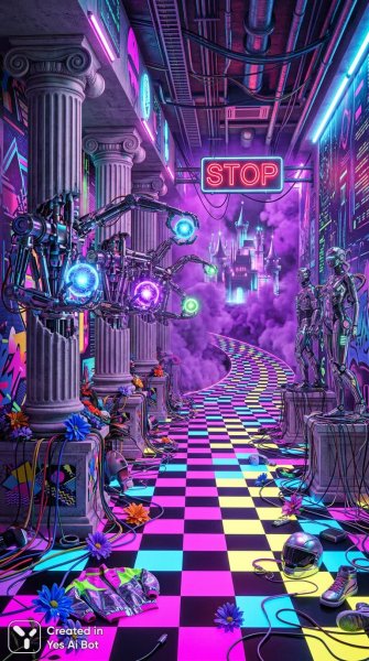 Неоновый хаос: киберпанк и классика в психоделическом мире. Генерация из нейросети Nano Banana